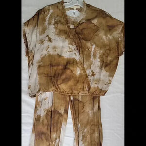 Grade Gather Pants Set - Brown/Beige Tie-Dye Print Pants Size S, Top Size M